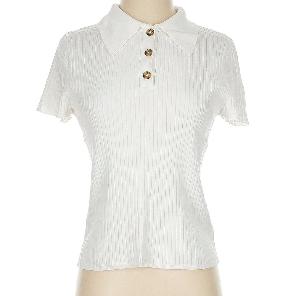 White Ribbed Slim Fit Polo with Tortoise Shell Buttons Size M